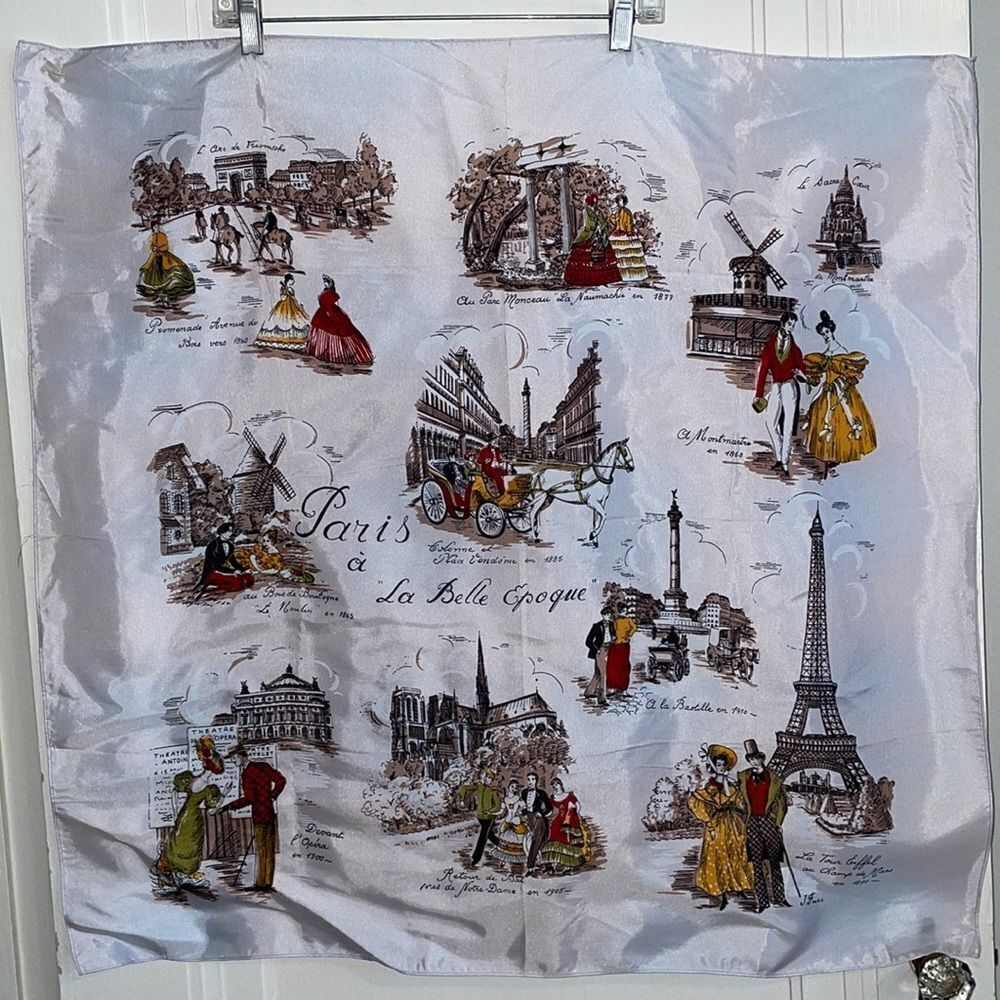 Vtg large mid Century “Paris a La Belle‎ Epoque” scarf/scenes from 1800s Paris